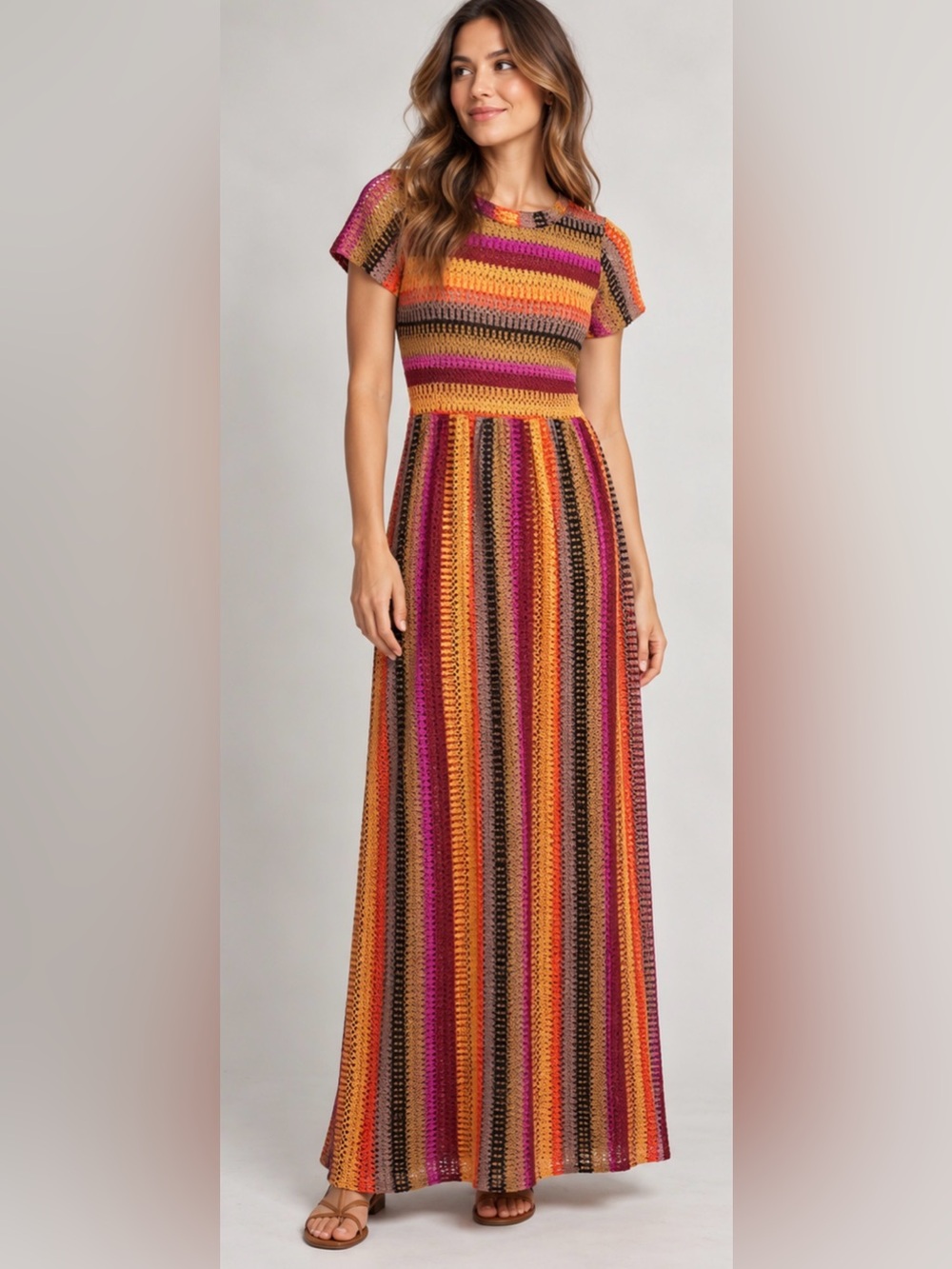 Nasty Gal Collection Multicolor Crochet Stripe Maxi Dress US 4